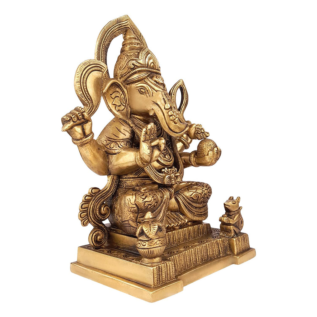 ARTVARKO Brass Lord Ganesh Murti Mangalkari Ganesha with Kalash and Mouse Idol Ganpati Bhagwan Idol Statue Height 10 Inch.