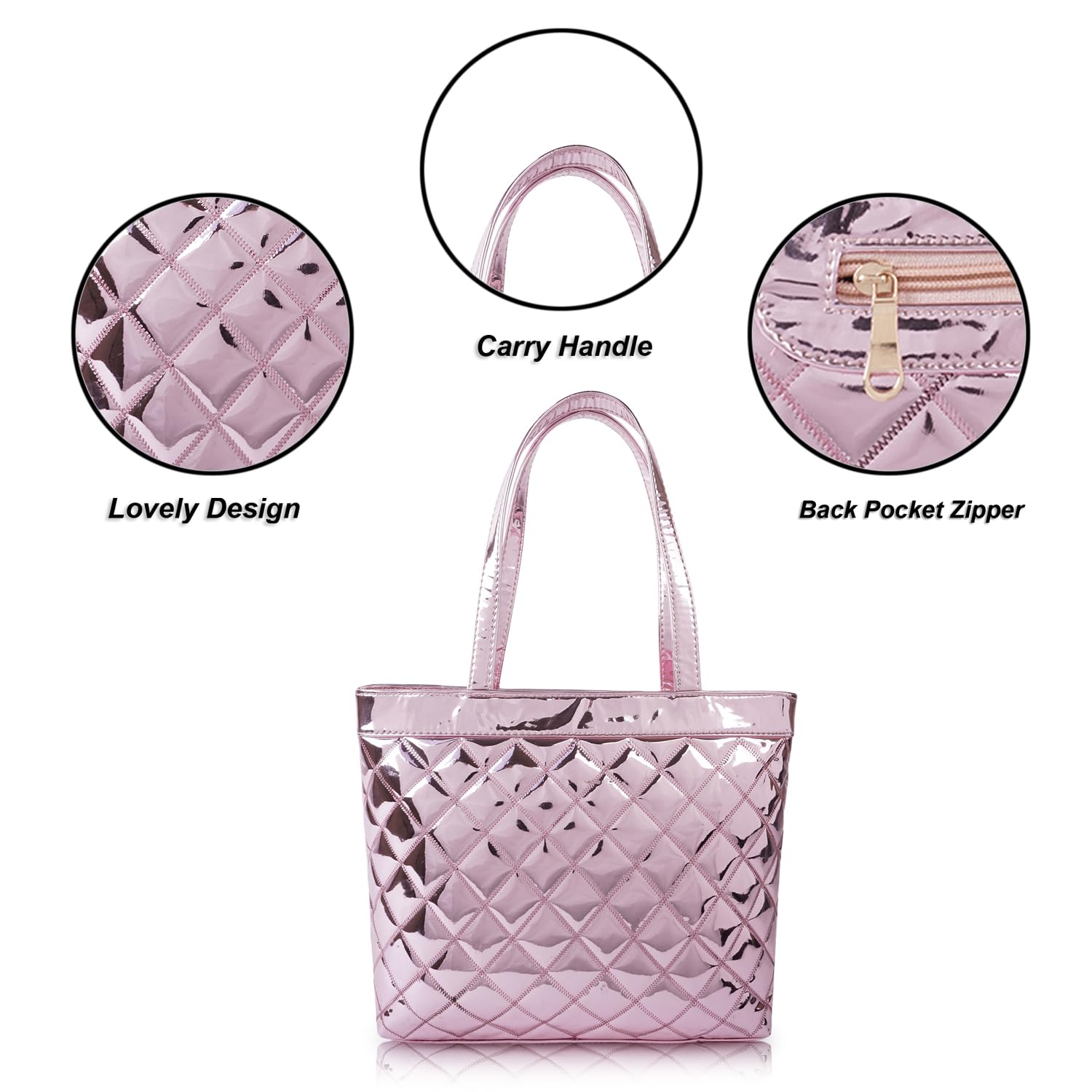 STARWINGS Women’s Glossy Quilted Tote Handbag – Premium PU Leather Shoulder Bag with Zipper Back Pocket | Stylish Office, Casual & Party Carry Bag for Ladies (Pink)