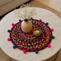Recho Decorative Jute Placemat with Pompom Trim, Round Unique Design, Natural 14 inch (Pink & Blue) Kafalo