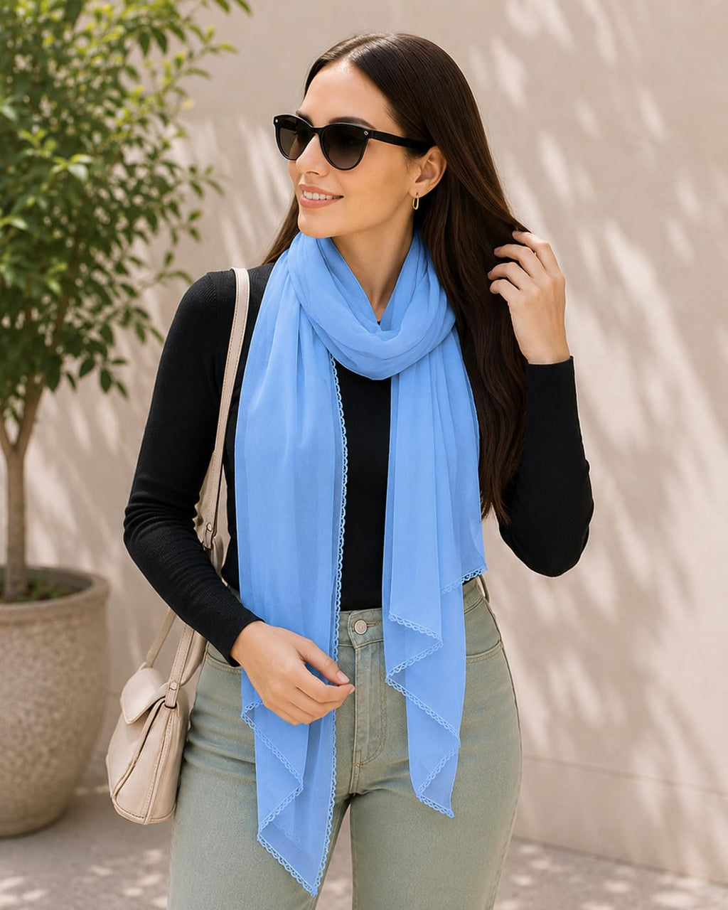Ravaiyaa Women Solid Chiffon Scarves With Lace Border | Women Lightweight Breathable Solid Color Soft Chiffon Long Fashion Scarves Sun-proof Shawls Wrap (Light Blue)