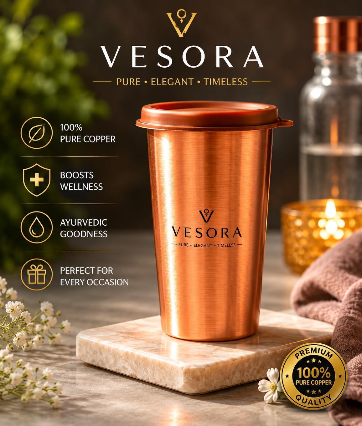 Pure Copper Tumbler with Lid, 500ml Copper Water Cup, 100% Pure Copper Drinking Glass, BPA-Free Leak-Proof Copper Mug for Office, Travel & Home, Ayurvedic Water Vessel, Reusable Eco-Friendly Drinkware