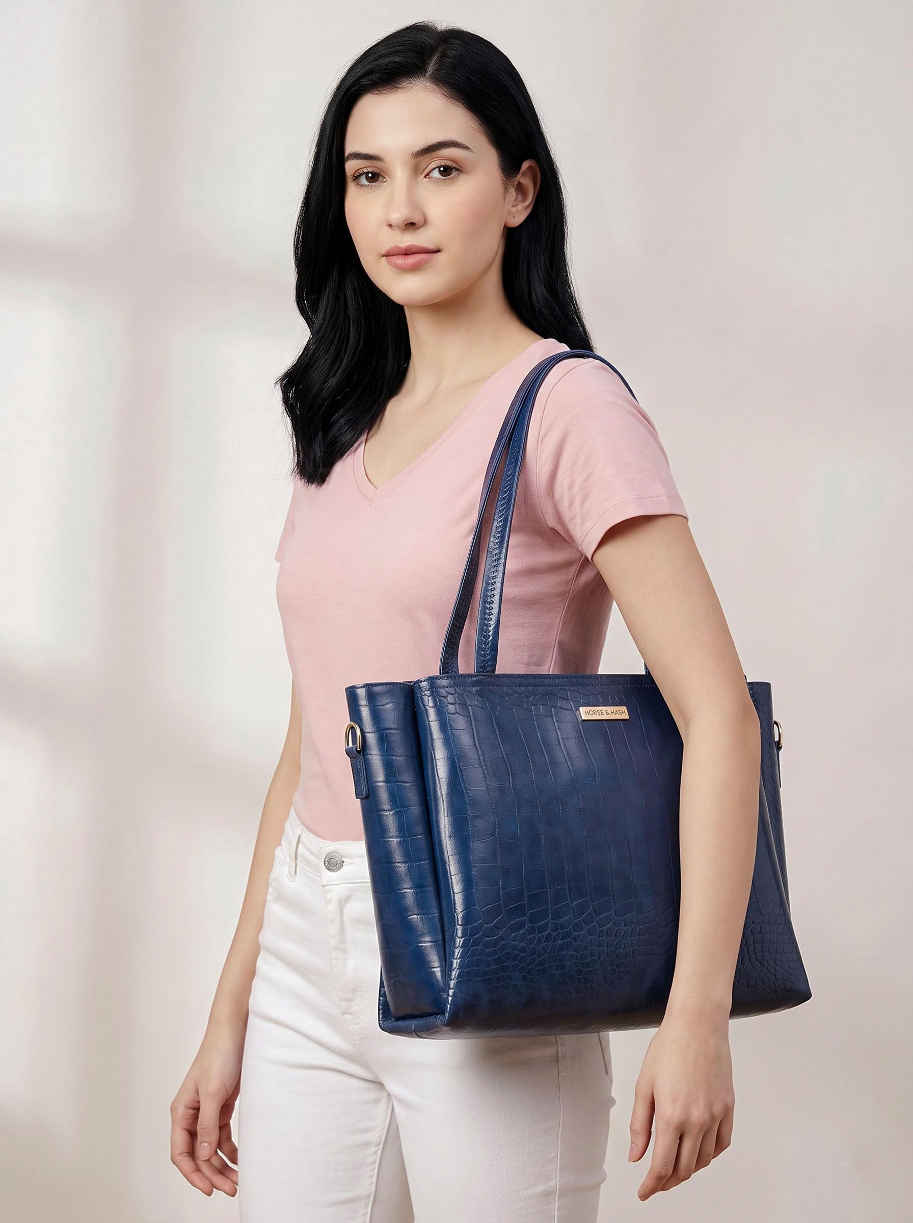 Horse and Hash Croco Pattern Tote Bags For Womens and Girls Shoulder Bag Extra Spacious (Blue)