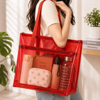 TERA 13 Transparent Tote Bag For Women & Girls, Clean PVC Shoulder Handbag, Waterproof Reusable Shopping Bag, Beach Bag, Travel Tote,Large Capacity Zipper Closure, Everyday Carry Bag (1 Pcs) (Red)