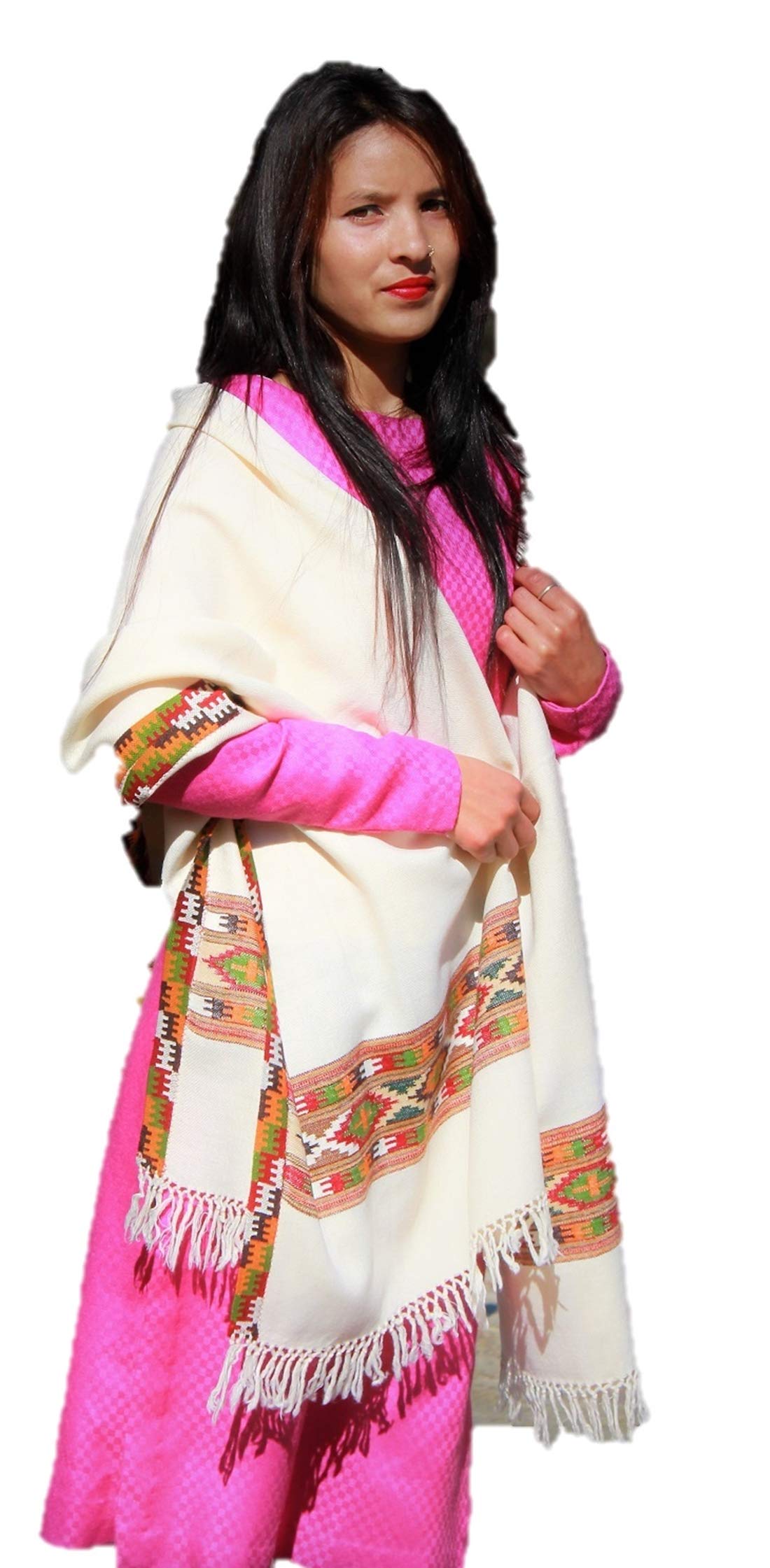 HImalayanKraft Hand Woven Kullu Handloom Pure Woolen Shawl White Colored with Beautiful Kullu Weaving Designed for Women and Girls.