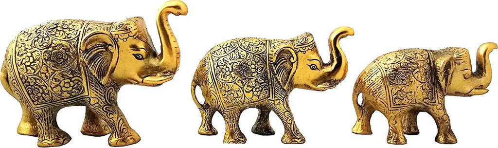 Prince Home Decor & Gifts Trunk up Elephant Metal Statues Lucky Figurine (Gold, 14 X 4.5 X 9.5 cm, 17 X 5 X 10.5 cm and 19.5 X 6 X) - Set of 3