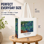 ECOEK Artsy Poly Canvas Tote Bag for Women | Zipper Closure, Bottle Holder & Keychain Hook | Premium Poly Canvas Bag for Travel College, Office | Reusable Shopping Tote Bag Gift(Van Gogh Irises)