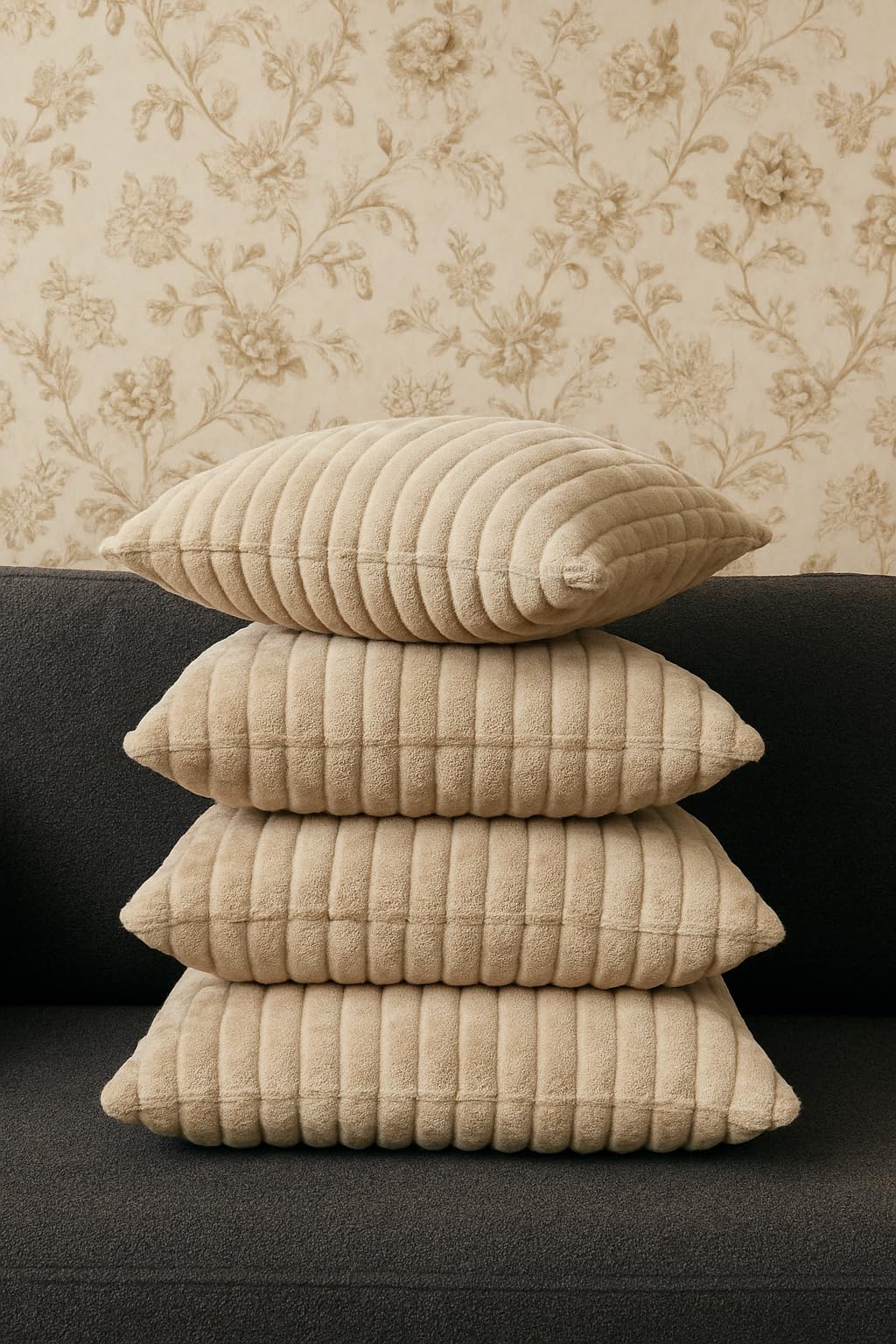 AWARD VELVETS Premium Faux Rabbit Fur Plush Luxury Soft Fluffy Striped Decorative Throw Pillow/Cushion Covers for Sofa, Couch, Living Room - (Beige, 16 x 16 inch) Set of 2