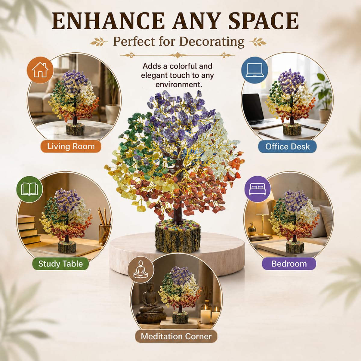 Reiki Crystal Products 7 Chakra Tree 300 Beads | Selenite Charging Plate