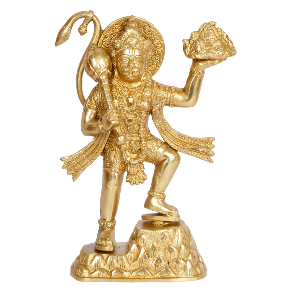 ARTVARKO Brass Hanuman ji Idol with Gandhmardn Hill Bajrang Bali Sankat Mochan Dronagiri Sumeru Hill Puja Decor Gift Height 9.5 inch