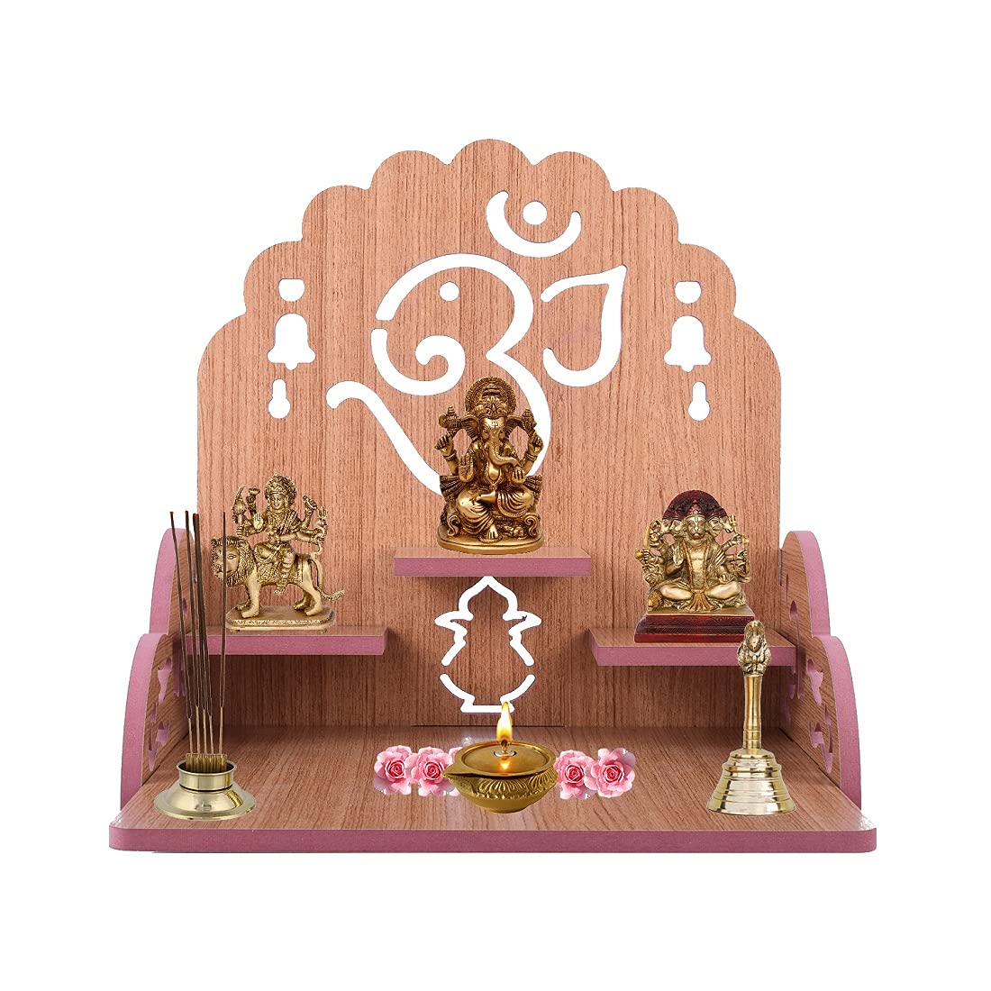 Lakhaji Wooden Wall Mounted Hanging Puja Temple Wood God Stand for Pooja Room (Gold 2)