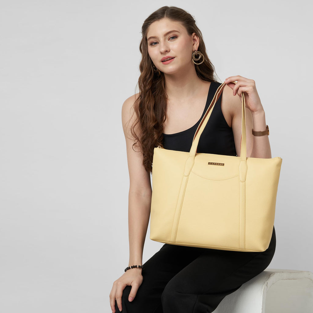 Caprese Jimny 14 Inch Laptop Compatible Large Tote Bag for Women | Stylish, Durable, and Spacious with Multiple Compartments, Back Zipper Pocket for Work, Travel, and Everyday Use (Butter Yellow)