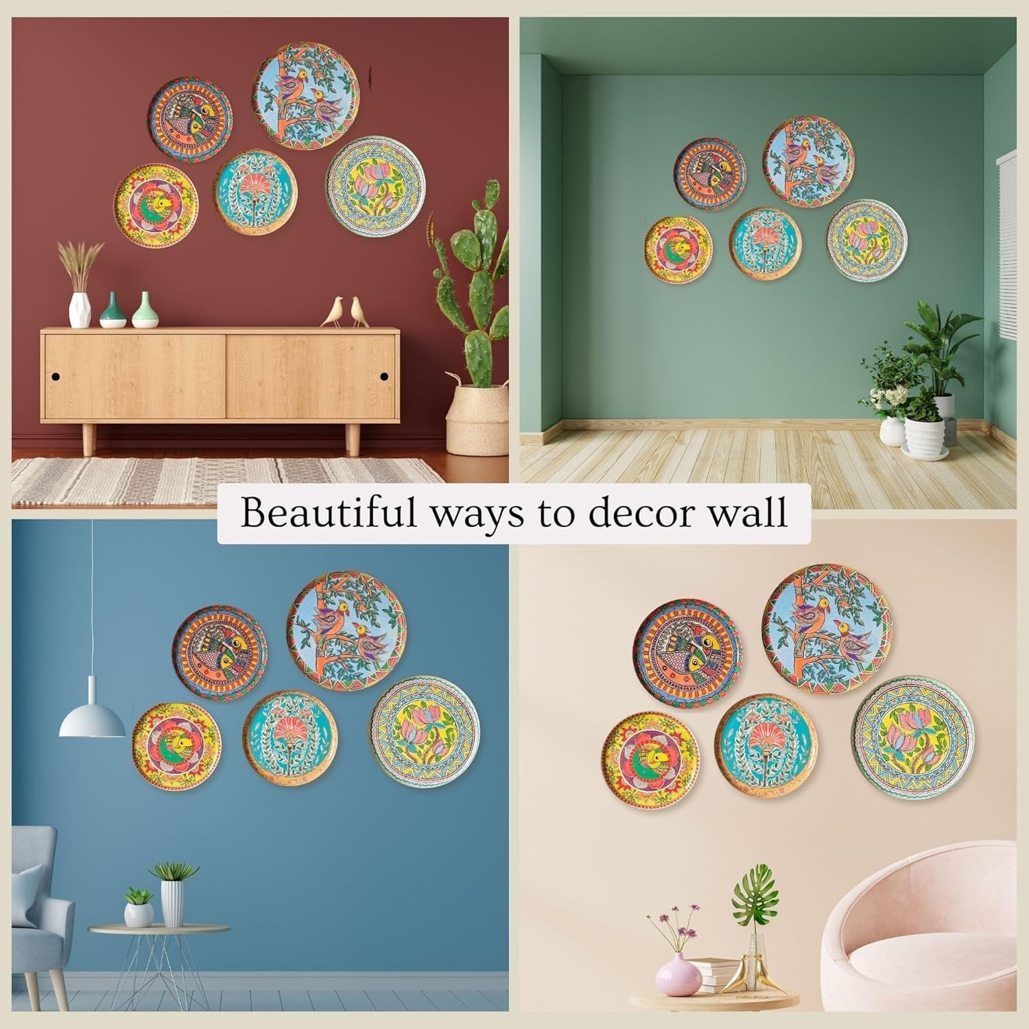 Madhubani Wall Plates Set of 5 | 12"+10"+8" Metal Wall Sculpture | Traditional Mithila Art for Living Room, Bedroom & Pooja Room | Ethnic Indian Wall Décor | Diwali Housewarming Gift kafalo