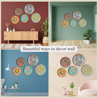 Madhubani Wall Plates Set of 5 | 12"+10"+8" Metal Wall Sculpture | Traditional Mithila Art for Living Room, Bedroom & Pooja Room | Ethnic Indian Wall Décor | Diwali Housewarming Gift