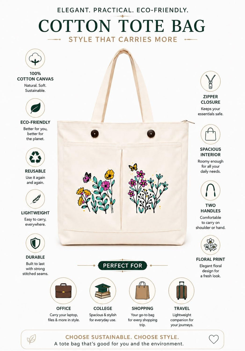 Supadaa Large Canvas Tote Bag For Women With Zipper Premium Cotton Shoulder Handbag Reusable Shopping Office College Travel Beach Grocery Bag (Pocket)