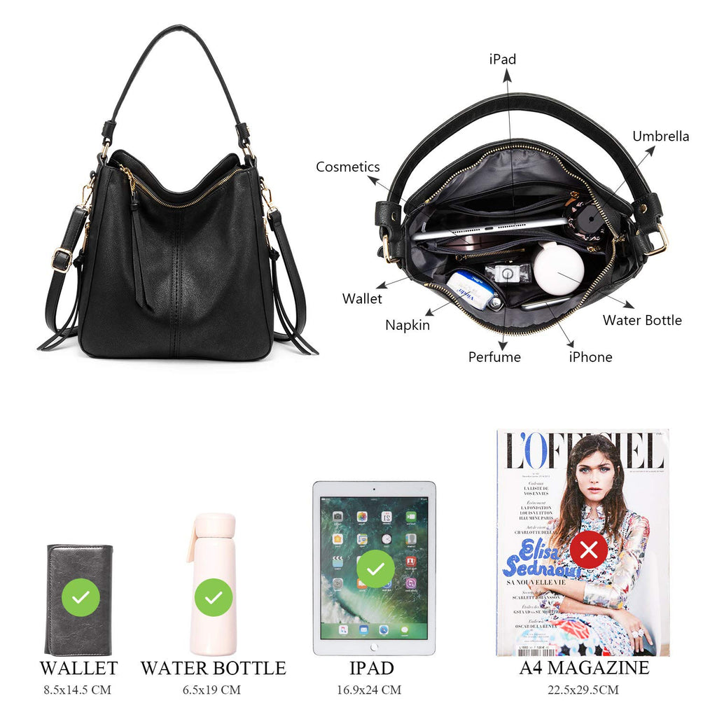 Zibuyu® Tote Handbag for Women Fashion Faux Leather Tote Bag Classic Shoulder Crossbody Bags for Lady Girl Solid Color (Black)