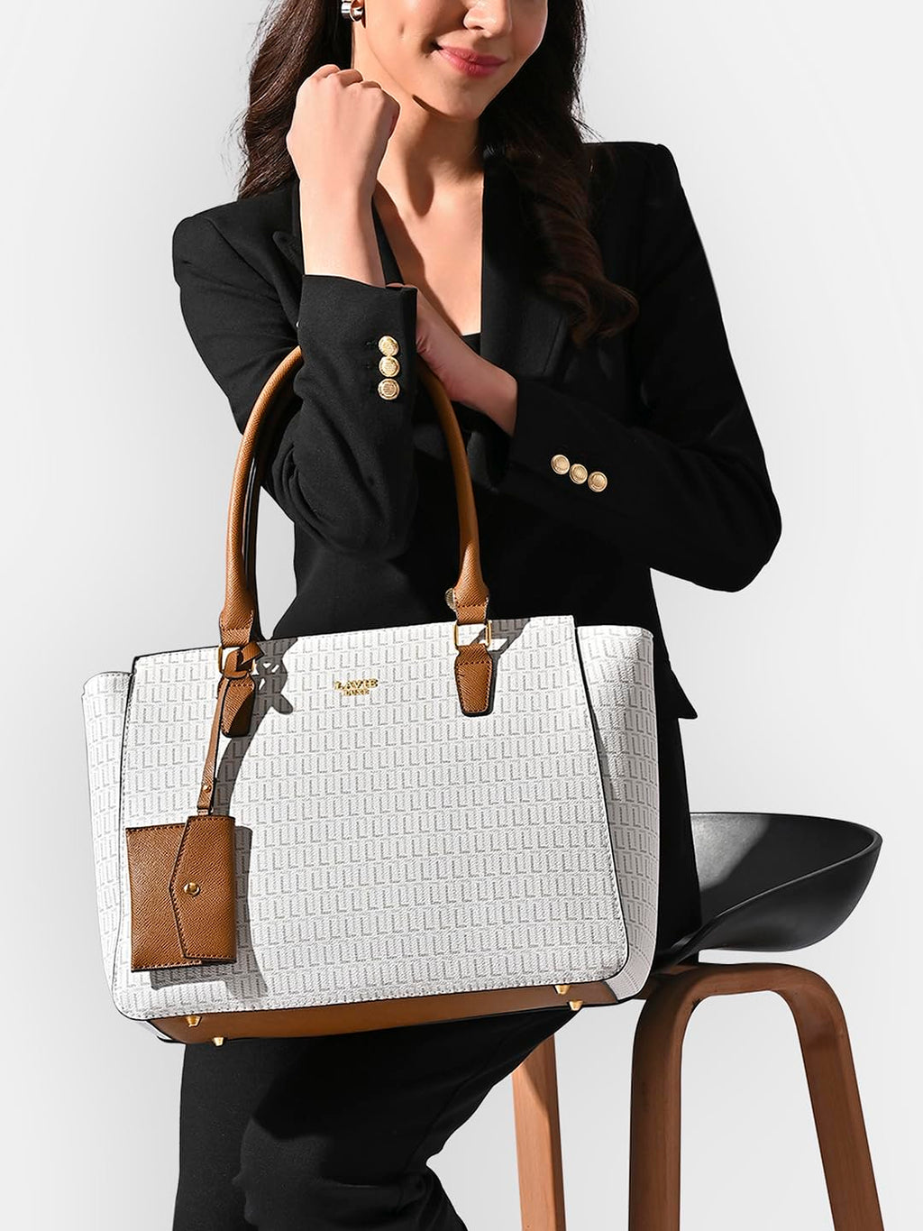 Lavie Luxe Women's Mono Kelly25 Monogram Print Tote Laptop Bag for Women | Fits Upto 15 Inch Laptop | Tote Laptop Bag for Work | Ladies purse | Stylish Shoulder Bag | Gift For Women