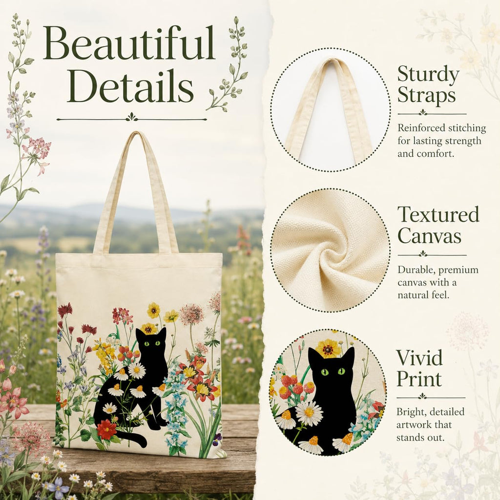 bmuvghi Black Cat Canvas Tote Bag, Birthday Cat Gift Bag with Zipper Pocket