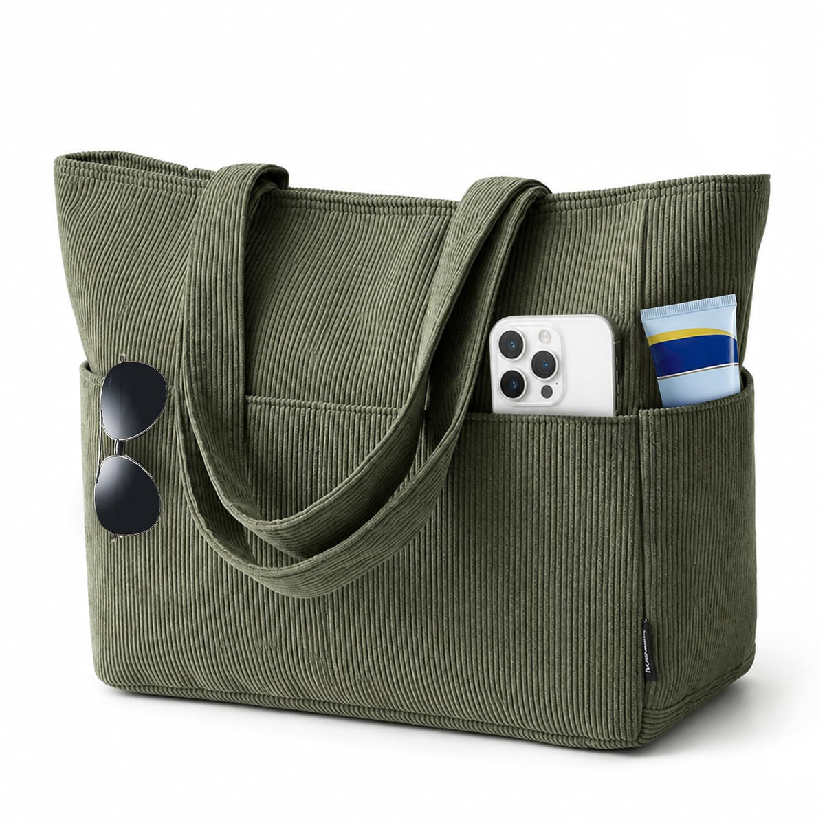 Batfield Large Tote Bag for Women with Zipper & 9 Compartments, Casual Corduroy Shoulder Bag, Lightweight Foldable Travel Handbag for College, Work, Shopping & Daily Use (Green)