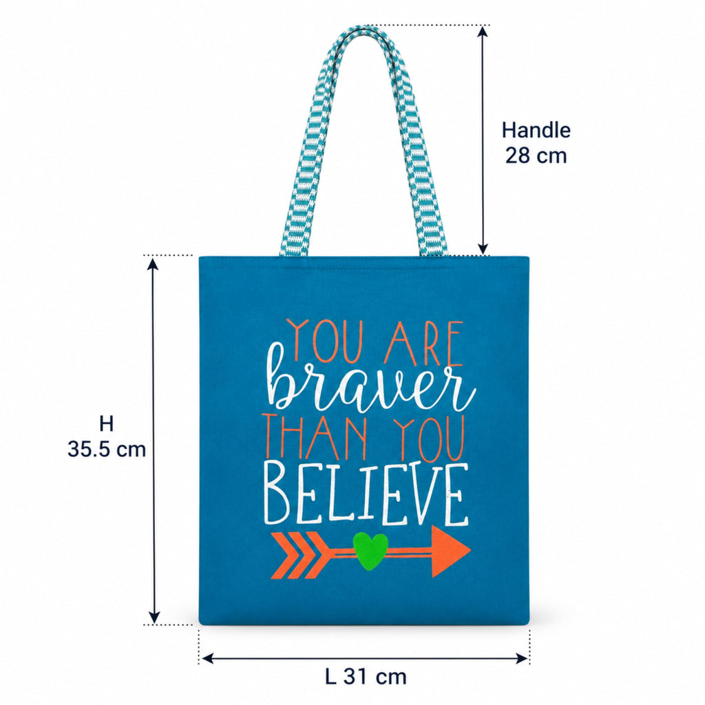 cantainoo Tote Bags | 300 GSM Canvas Tote Bag for Women | Tote Bags for Women | College, Shopping, Office & Everyday Carry Bag (Brave & Believe-Skyblue, Medium Pack of 1)