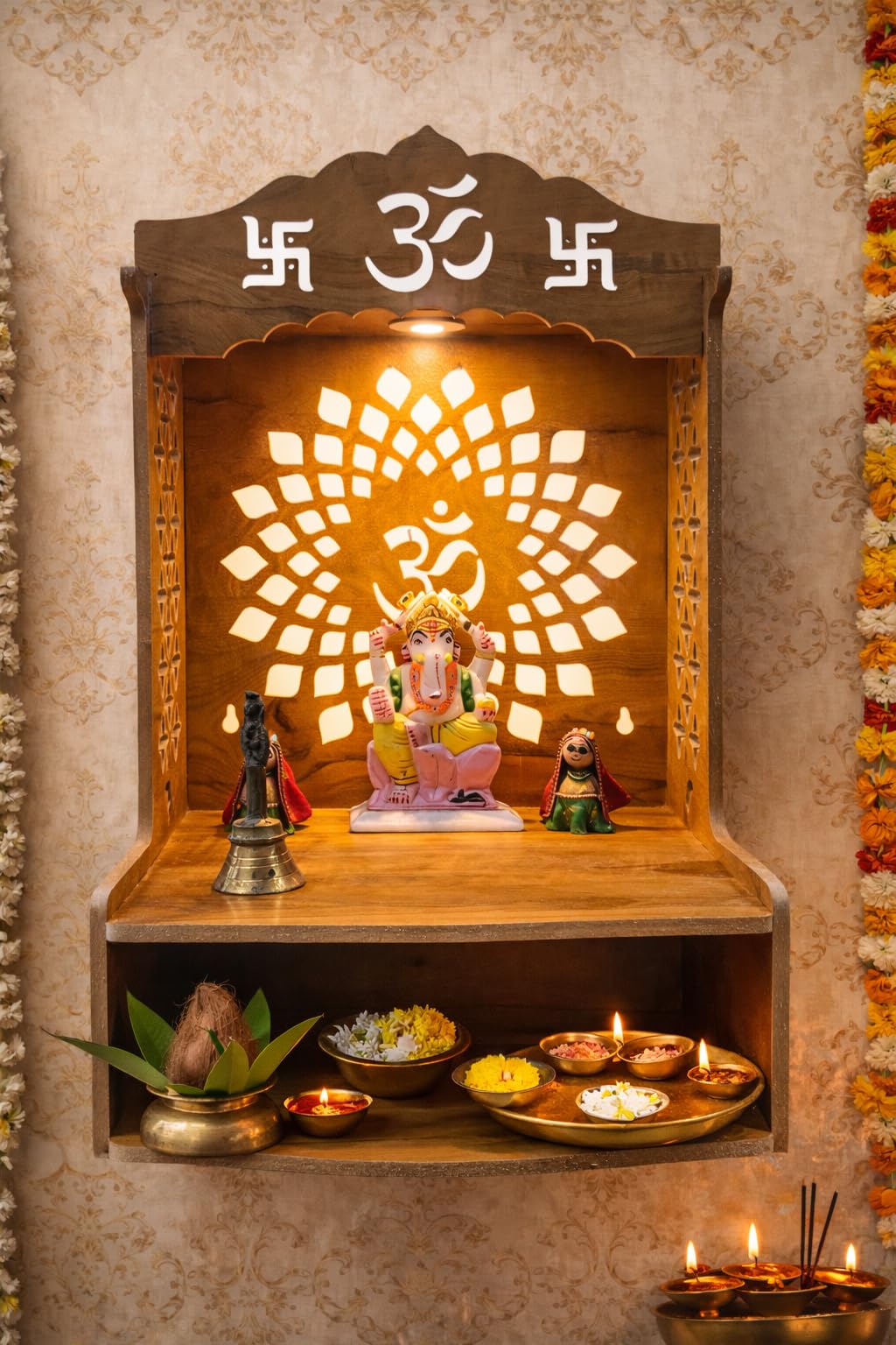 PIXELCRAFTS Wooden Temple Puja Mandir Art and Crafts Temple for Home, Shop, Office with LED SPOT Light (Size – H 15.5X L 11.5 x W 11 inch) (COACHWOODREGULAR)