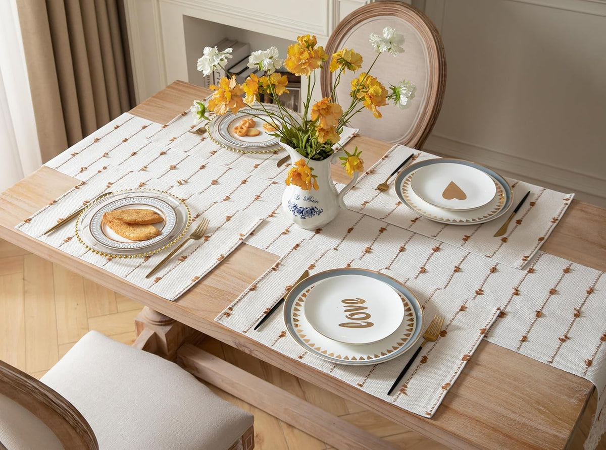 ALSTONIA Handmade Natural Cotton Dining Table Placemats | Heat Resistant Dining Table Place Mats for Kitchen Coffee Center Table & Eating Areas (Brown & White, 6 Pcs Placemats with 1 Runner(14x72) Kafalo