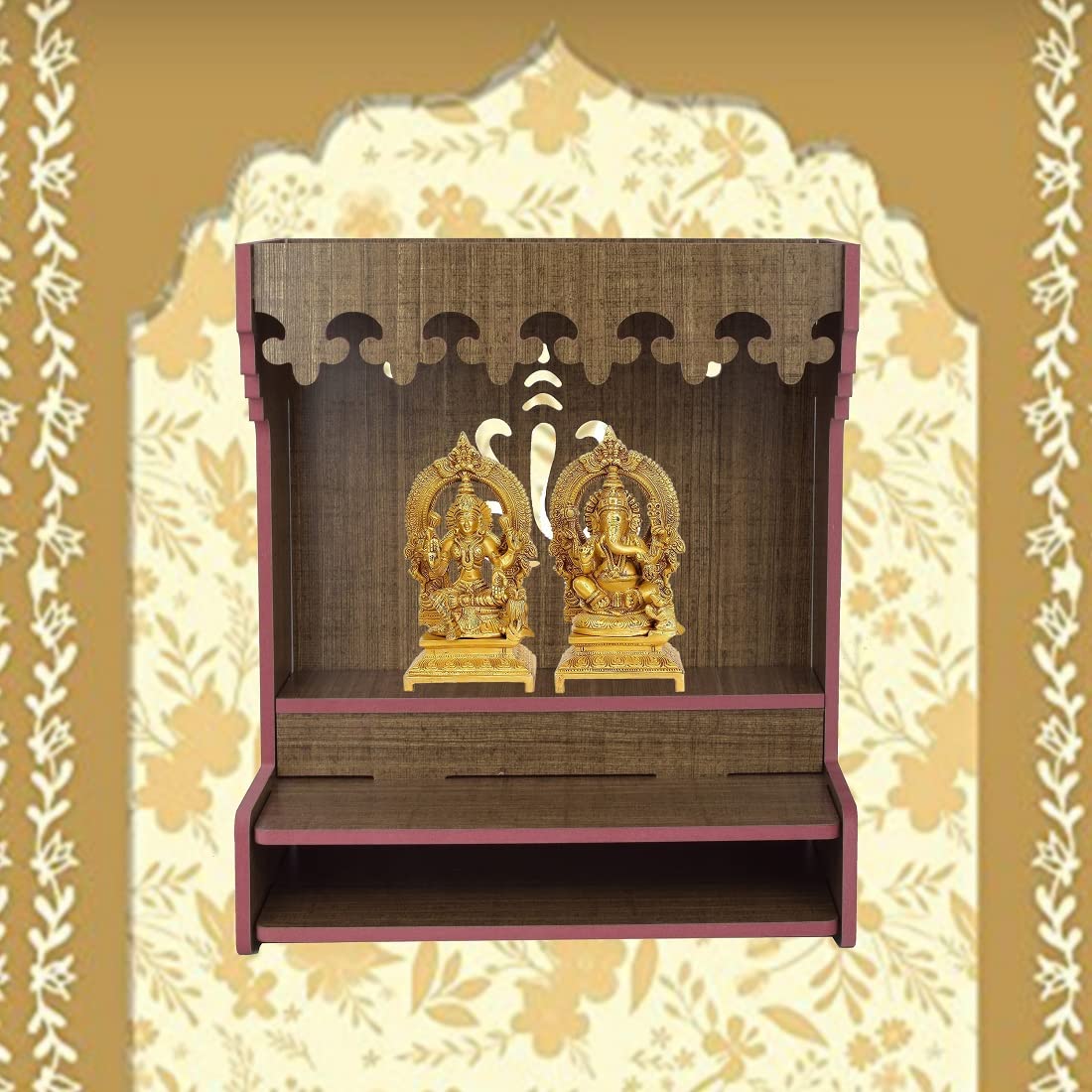 YIXT Large Wooden Pooja Mandir with LED, Dome Top & Spacious Storage | Decorative Home Temple for Living Room | MDF Material
