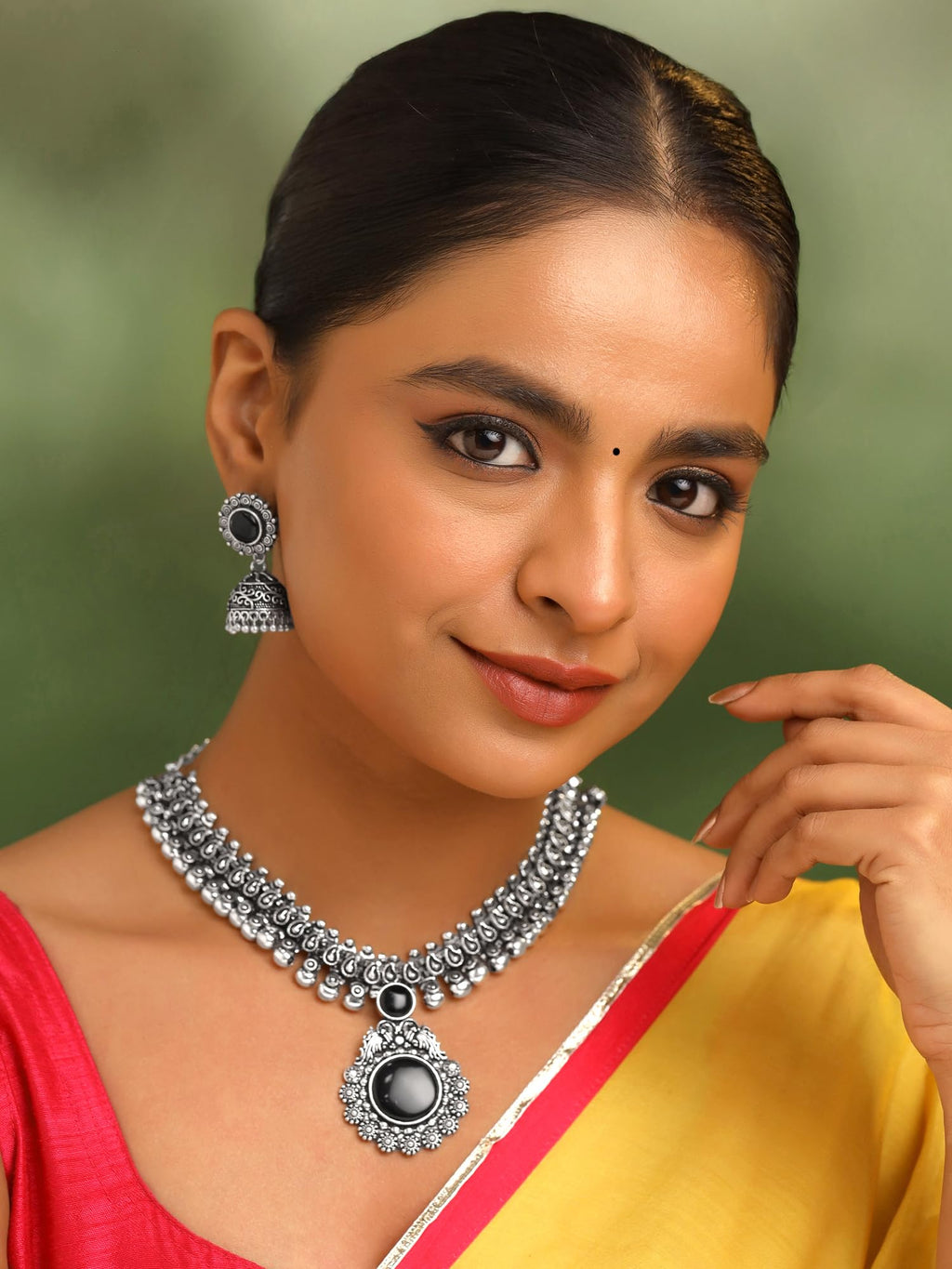 Yellow Chimes Oxidized Silver Kolhapuri Necklace Set with Jhumka Earrings Jewellery Set for Women (Oxidized Silver, Black) (YCTJNS-01CHOKR-BK)