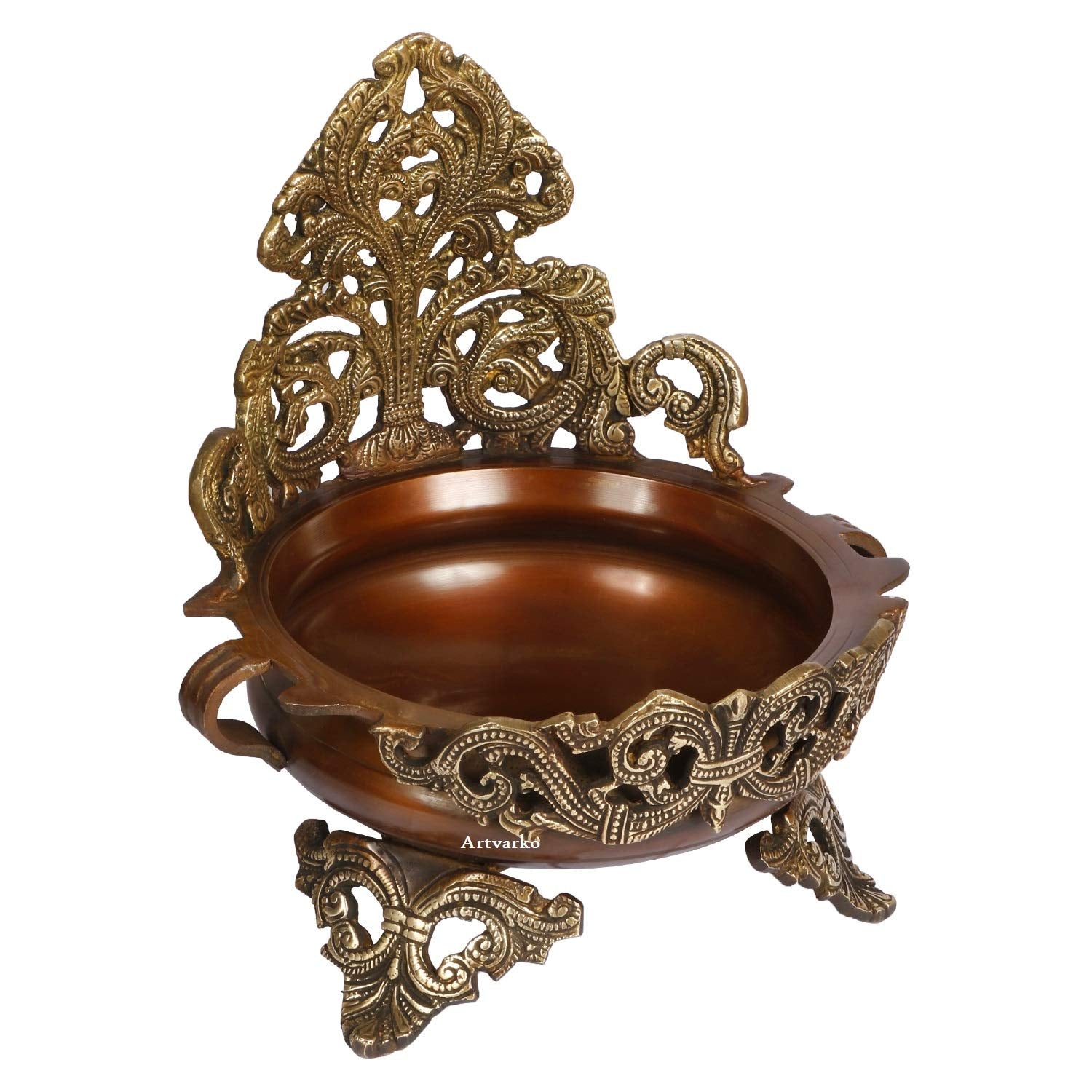 ARTVARKO Brass Urli Traditional Ethnic Design Decorative Bowl Showpiece Antique Copper & Golden Finish (LxBxH 9x8x11 Inches)