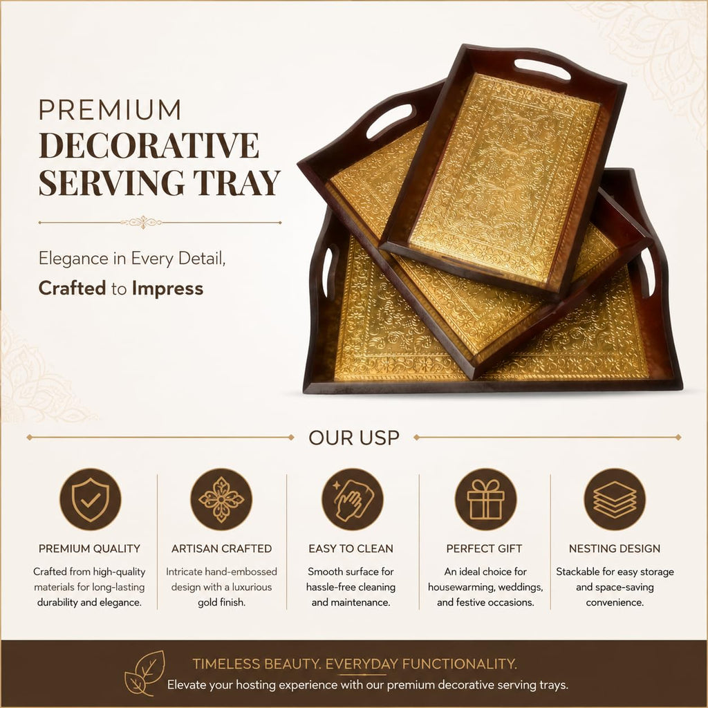 Crafted wonders Wooden Tray Serving Brass Tray Handcrafted for Table Decor, Home Decor and Gifts- Set of 3 Multipurpose Serving & Home Decor Trays (Brown)