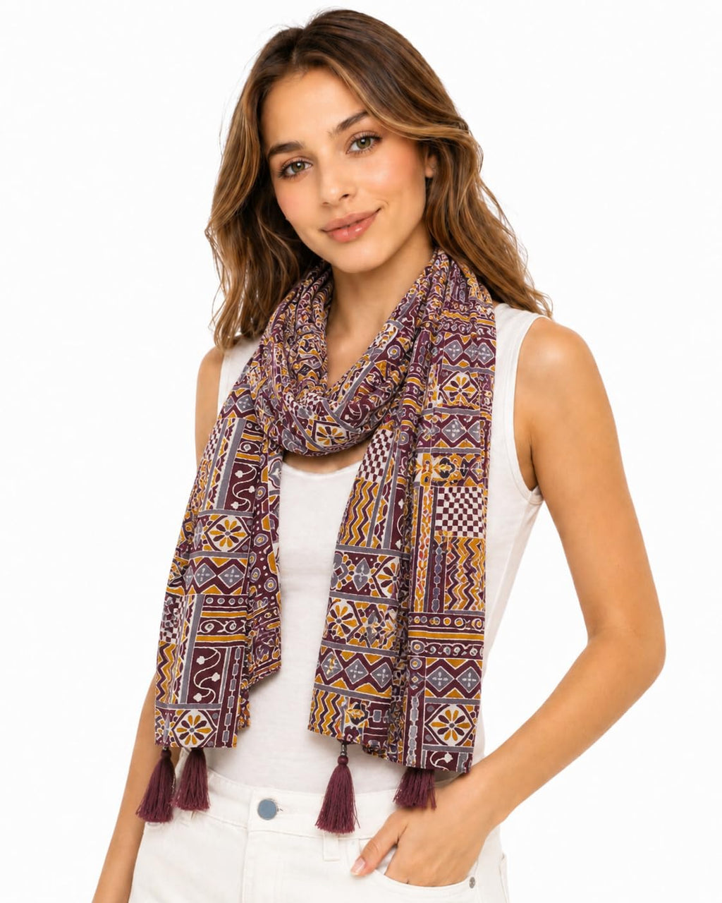 Women's Printed cotton Scarf with Tassels, Lightweight Boho Stole, 180x50 cm, All Seasons (maroon)