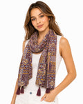 Women's Printed cotton Scarf with Tassels, Lightweight Boho Stole, 180x50 cm, All Seasons (maroon)