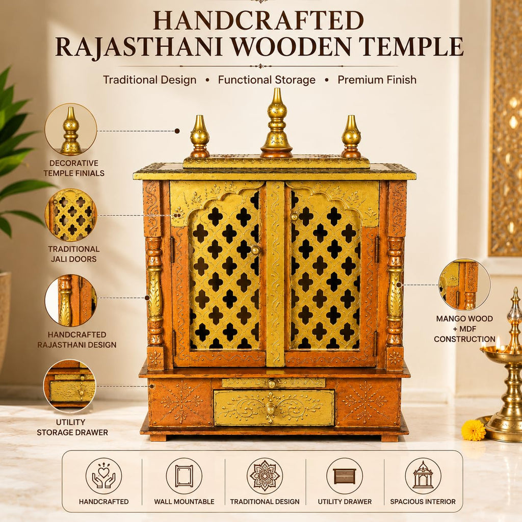 Home and Bazaar Wooden Temple Rajasthani Ethnic Handcrafted Mandir, Pooja Ghar Mandapam - 18x9x24 Inch (46x23x61 Cm) Brown | Traditional Wood Pooja Mandir Hindu Temple for Home Décor Mandapam