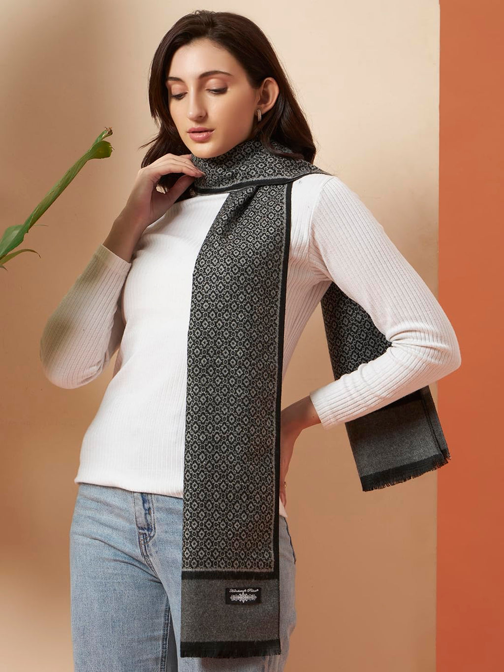 Ravaiyaa - Attitude is everything Women Woolen Ikat Design Casual Warm Winter Wear Muffler Scarf Stole 72x14 Inch (Grey & Black Abstract)