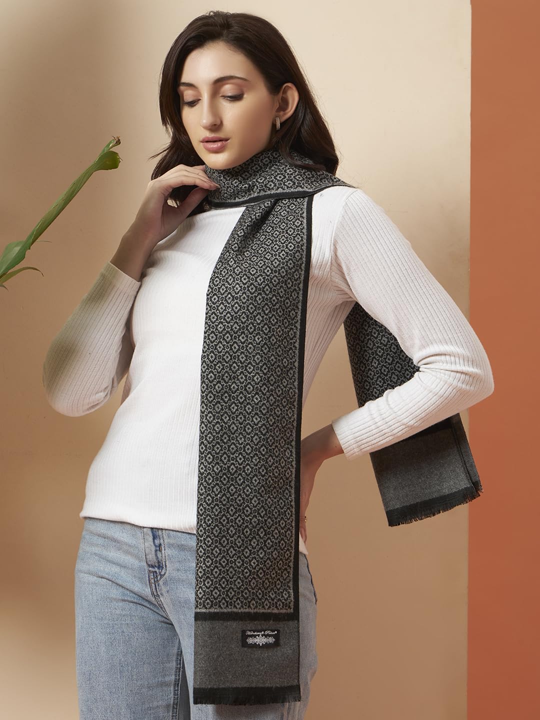 Ravaiyaa - Attitude is everything Women Woolen Ikat Design Casual Warm Winter Wear Muffler Scarf Stole 72x14 Inch (Grey & Black Abstract)