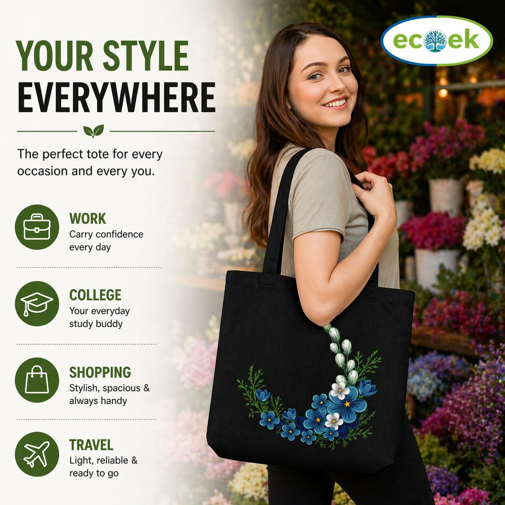 ECOEK Stylish Canvas Tote Bag for Women, Reusable Trendy Zipper Handbag with Pocket, Lightweight Aesthetic Cotton Tote for College, Office, Travel & Daily Use-Flower Black