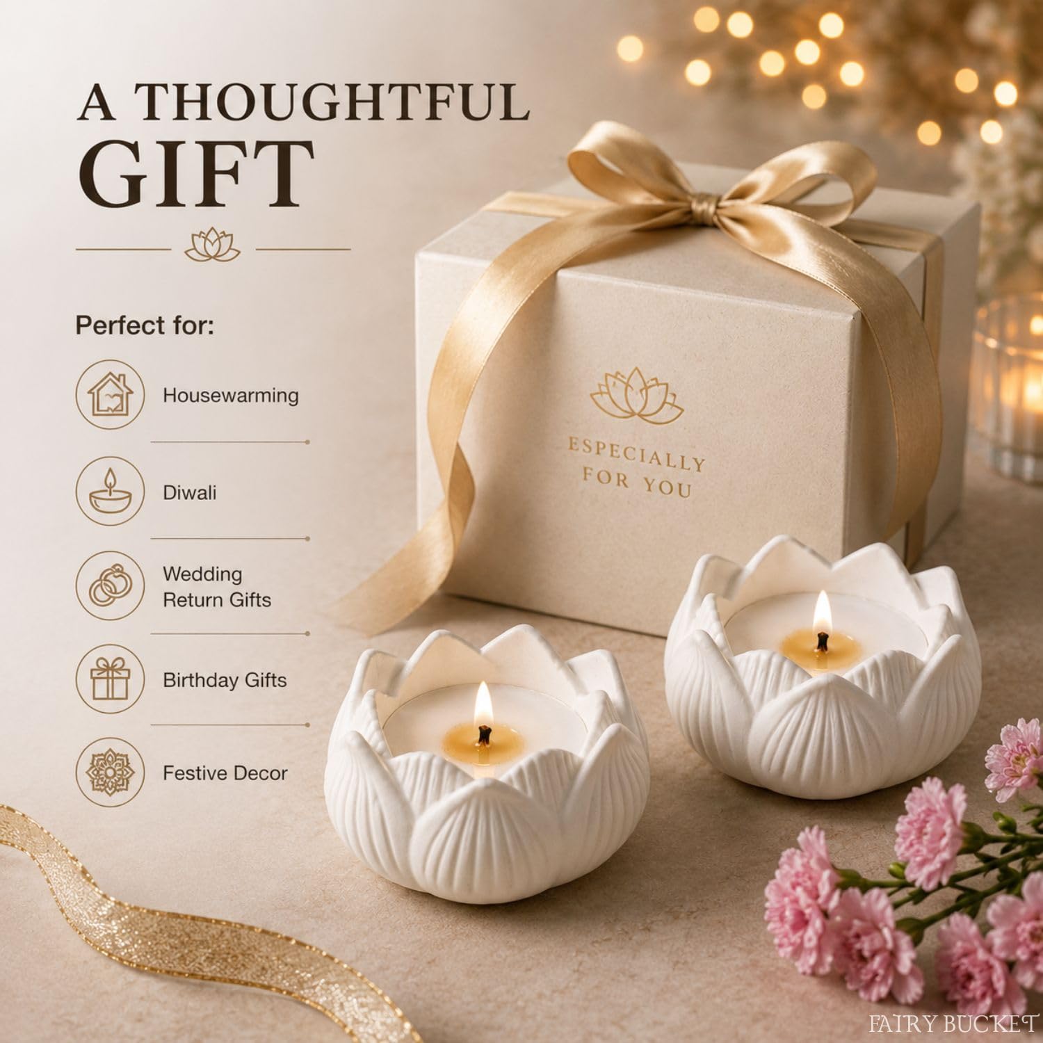 FairyBucket™ Lotus Scented Candle with Reusable Concrete Tea Light Holder | Vanilla Fragrance Soy Wax Candle | Handcrafted White Lotus Candles for Home Decor, Bedroom, Living Room & Gifting