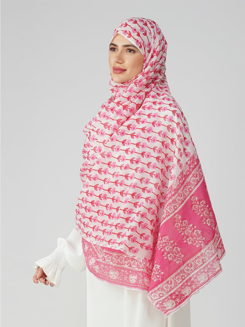 ANAApparels ANA Amal Pink Floral Dupatta | 88 x 43 Inches – Premium Mulmul Cotton | Lace Border | Lightweight, Soft & Breathable