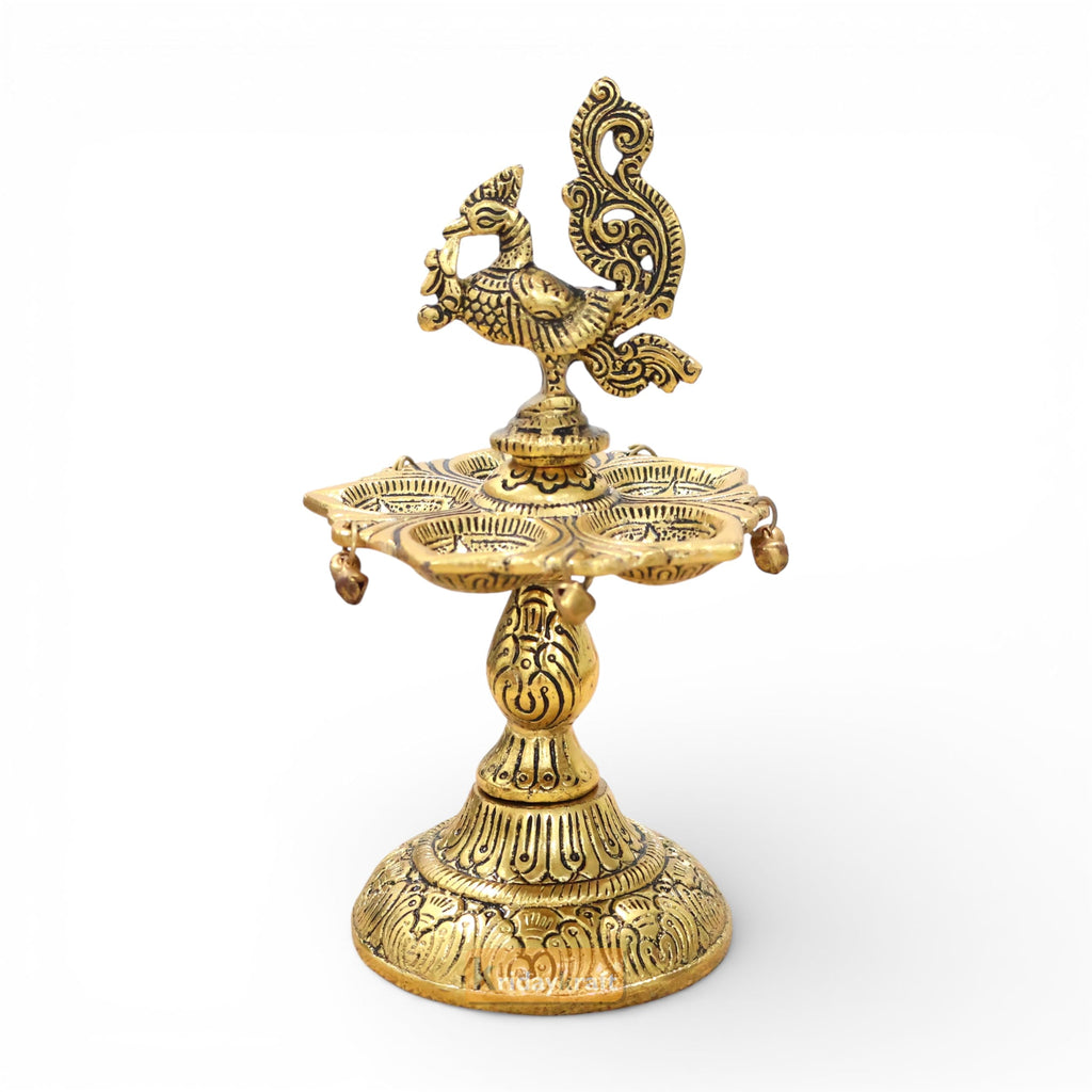 Kridaykraft Metal Peacock Diya Samai Oil Lamp, Gold Finish, Traditional Indian Decor, 19 cm Height, 270 gm, Handcrafted Design