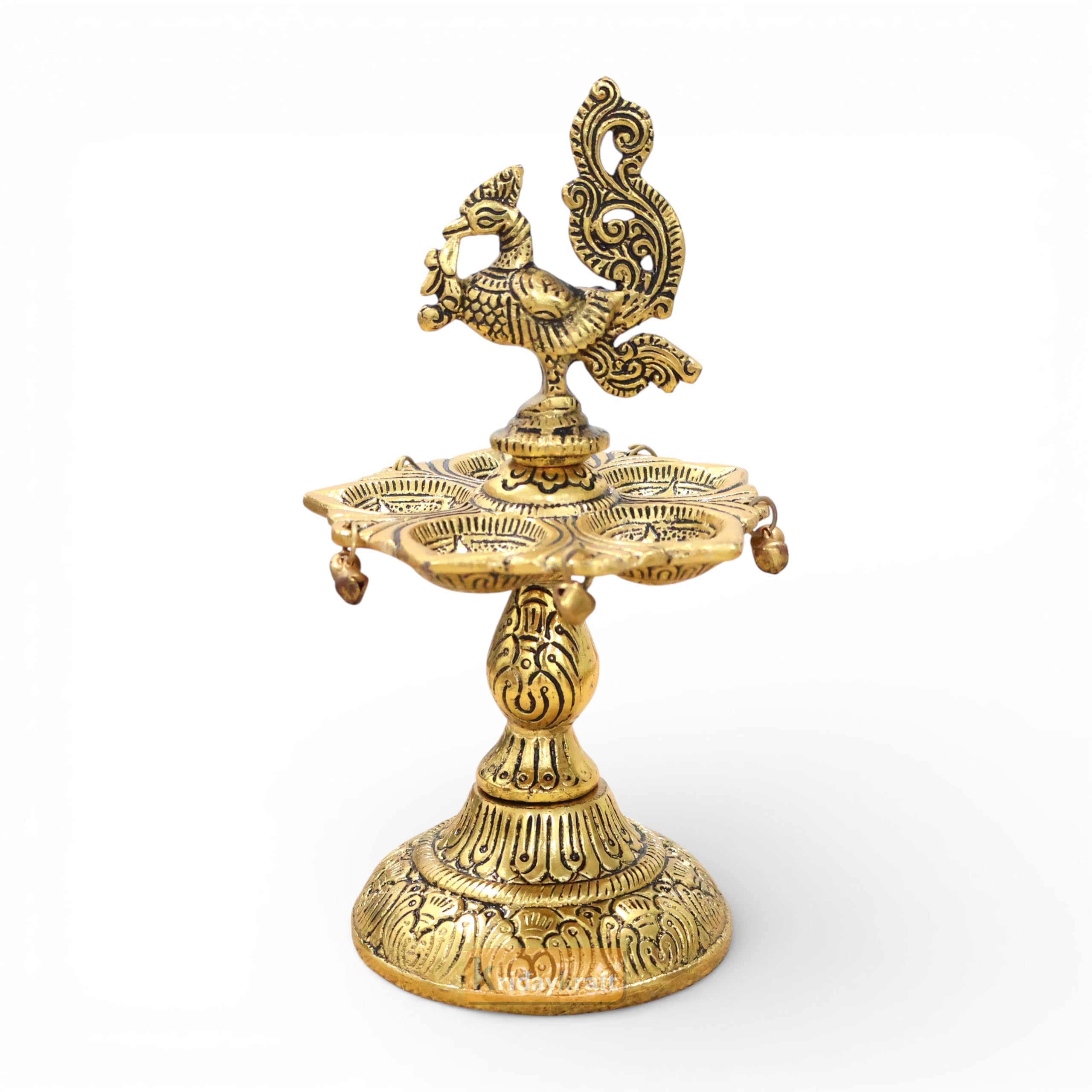 Kridaykraft Metal Peacock Diya Samai Oil Lamp, Gold Finish, Traditional Indian Decor, 19 cm Height, 270 gm, Handcrafted Design