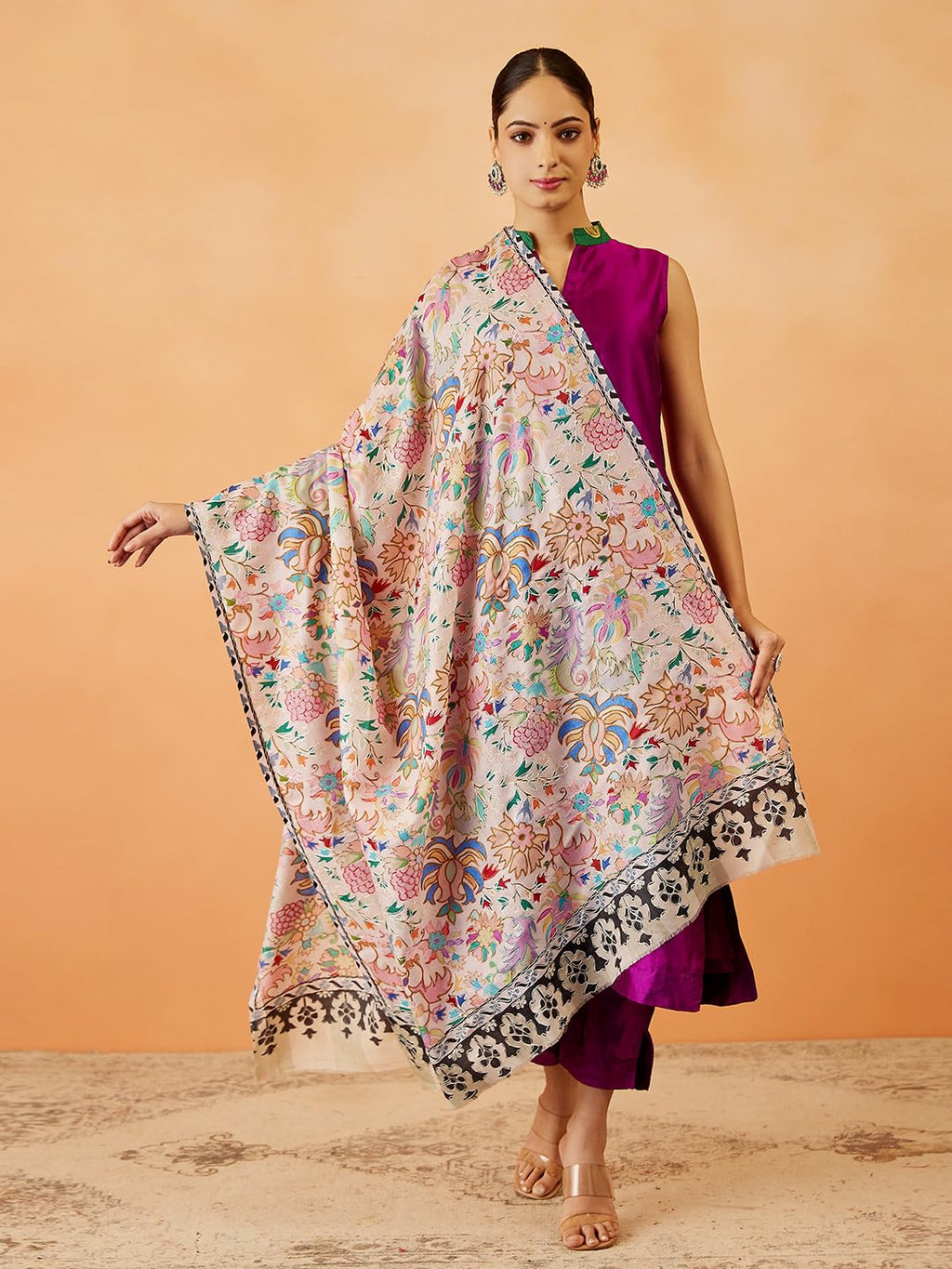 Pashmoda Women Shaheen Fine Wool Fabric Pashmina Kalamkari Embroidered Shawl, Stole and Wrap, Sustainable and Natural Fabric, Heritage Kashmiri Pashmina(Size 40x80)