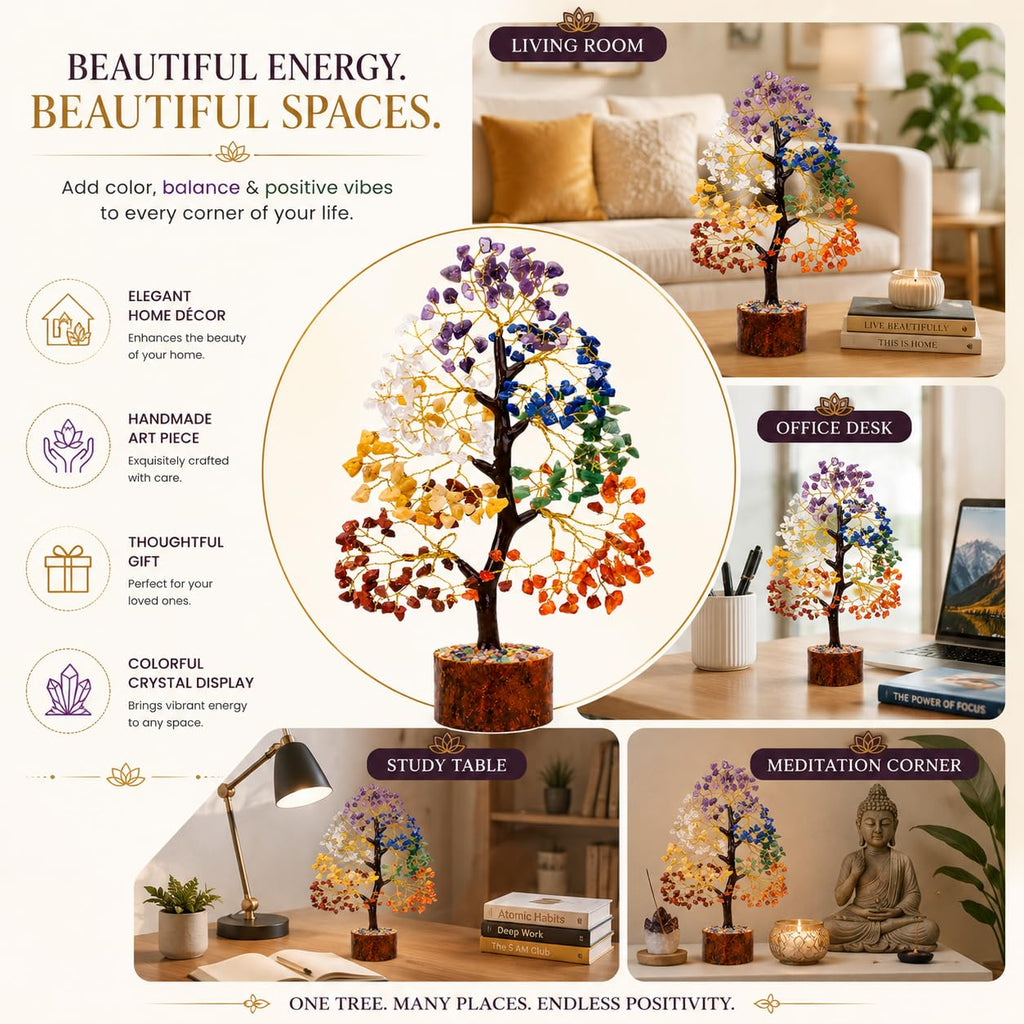 EverMineCrystal 300 Beads, 7 Chakra Crystal Tree, Showpiece Good Luck and Positive Energy, Showpiece for Living Room, Natural Healing Gemstones Money/Lucky Tree for Good Luck, Multicolor