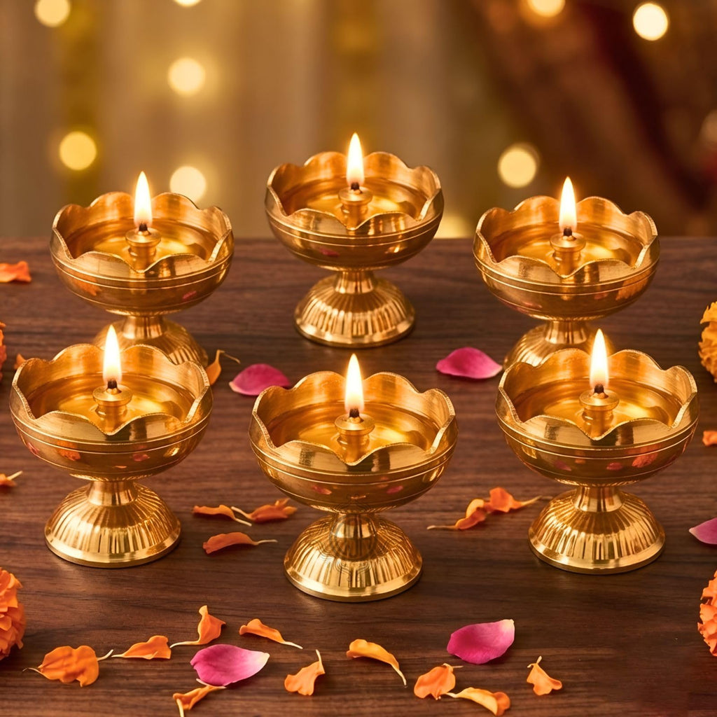 Brass Diya Pure Brass Traditional Oil Puja Lamp for Temple, Mandir, Festival Decoration, Home Decor & Diwali Gift (Flower Bloom, Set of 6)