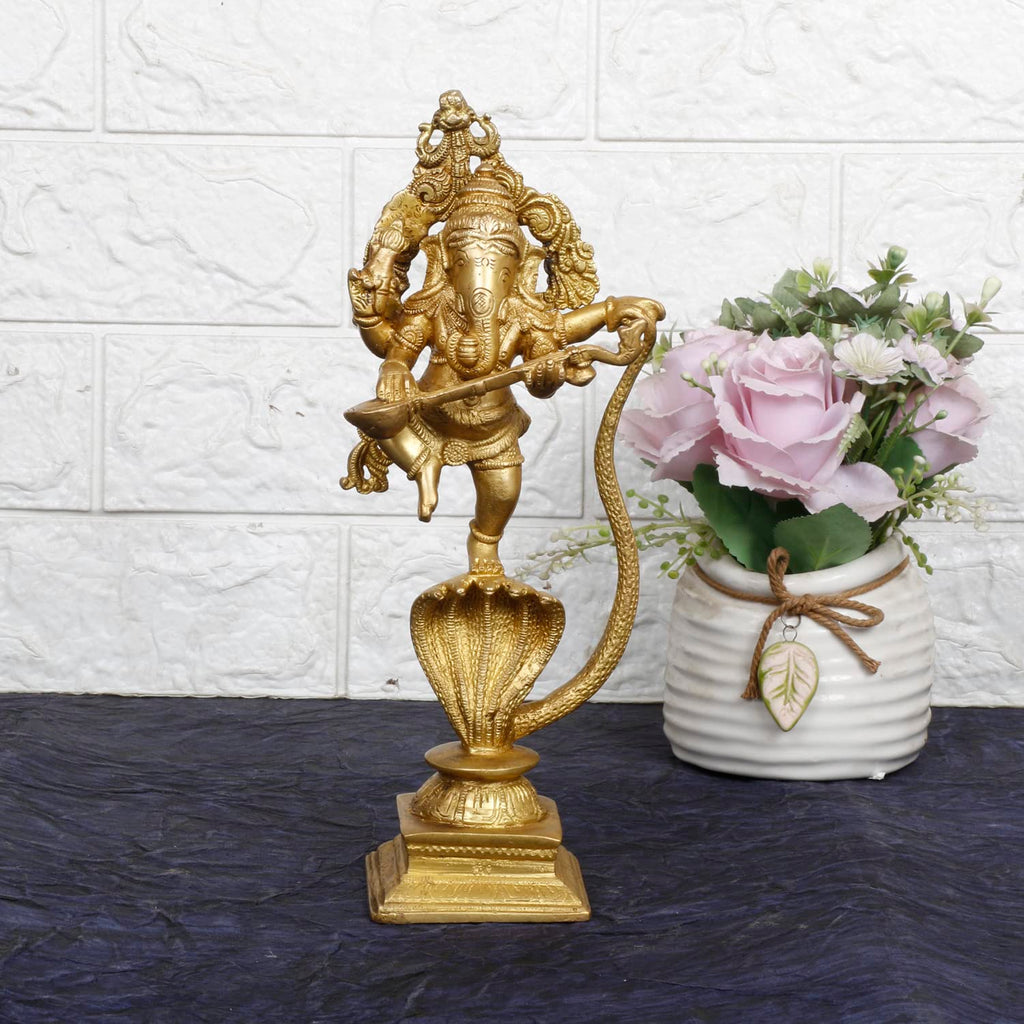 Svarup Brass Dancing Ganesha on a Snake Head with Playing Veena, Lord Dancing Ganesh on Snake, Ganpati, Temple Puja Home Decor Gift 10.5 Inch.
