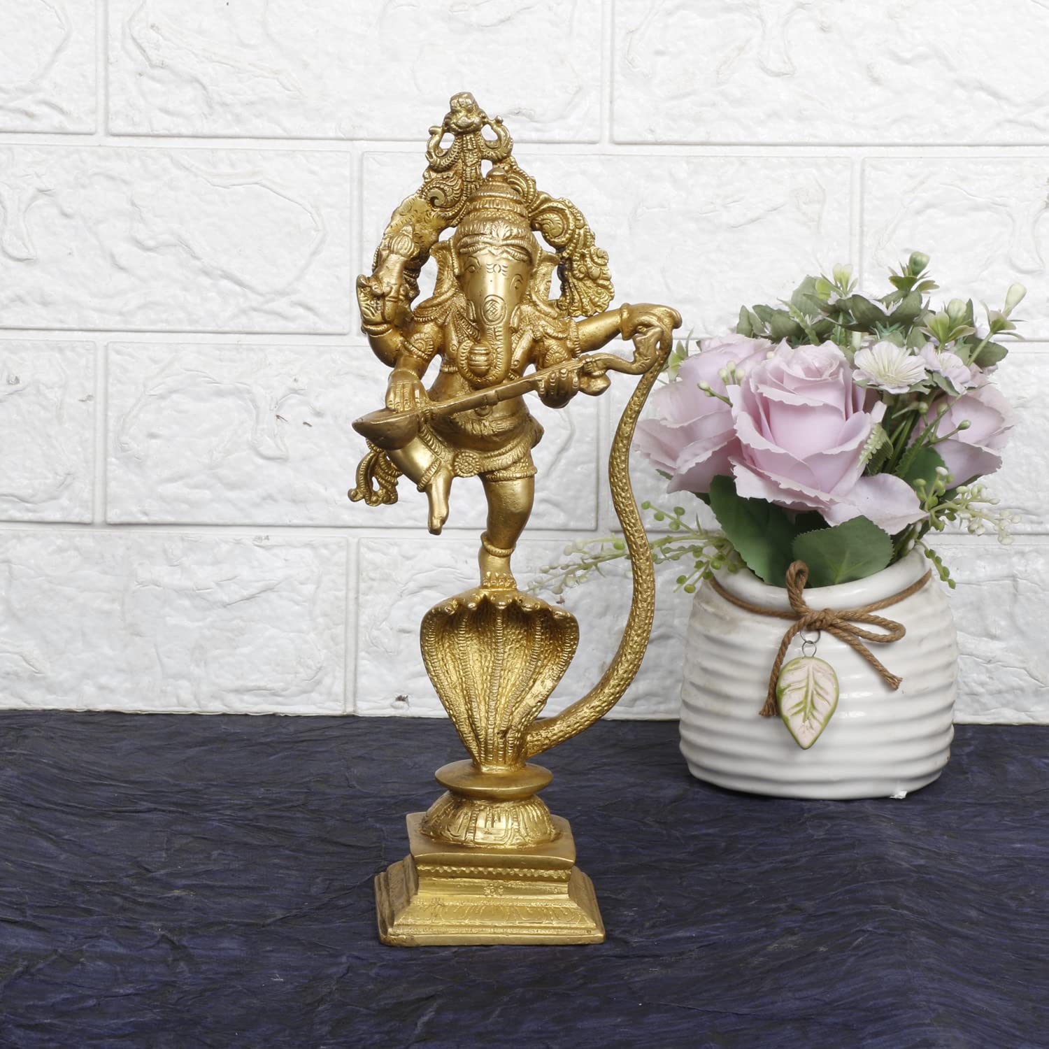 Svarup Brass Dancing Ganesha on a Snake Head with Playing Veena, Lord Dancing Ganesh on Snake, Ganpati, Temple Puja Home Decor Gift 10.5 Inch.