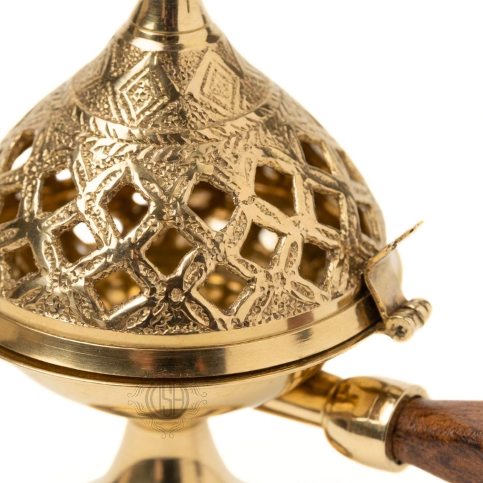 DSH Brass Loban Burner Home Purifying Dhoop Dani Bakhoor Holder Table Incense Burner with Wooden Handle for Home Decoration