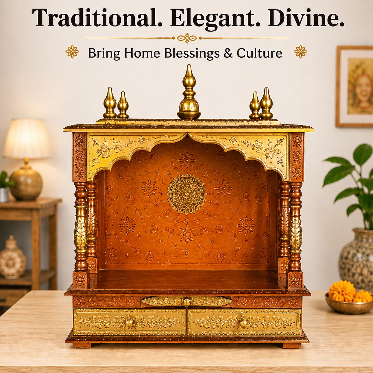 Home and Bazaar Wooden Temple Rajasthani Ethnic Handcrafted Mandir, Pooja Ghar Mandapam - 18x12x24 Inch Brown | Traditional Wood Pooja Mandir Hindu Temple for Home Décor Mandapam