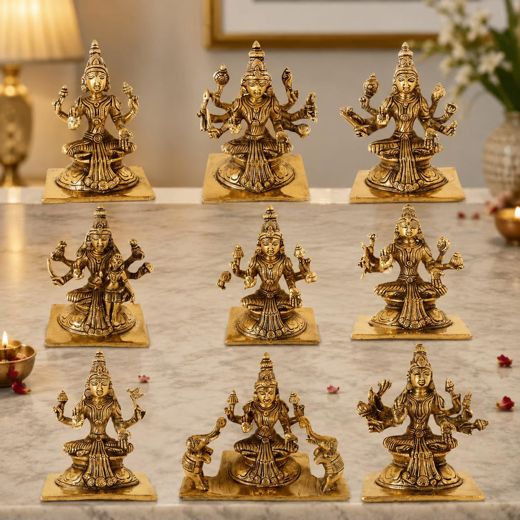 ARTVARKO Brass Ashtalakshmi Statue Ashta Lakshmi Set of 8 Asthalakshmi for Diwali Puja Mandir Temple Vastu Home Office Puja Decor Gift 3.5 Inches