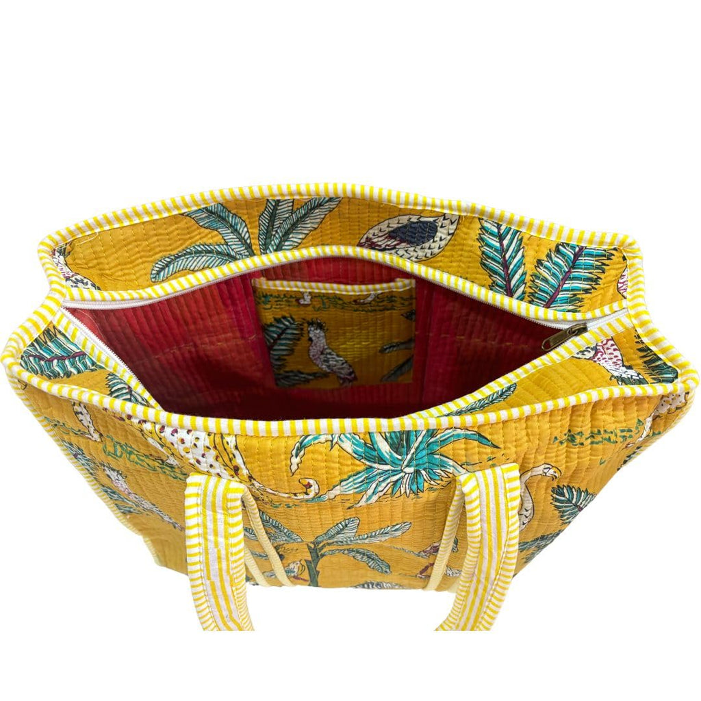 The House of RajPadmini Premium Cotton Quilted Shopping Tote Bag with 3 Travel Pouches Set (Animal Print Yellow)
