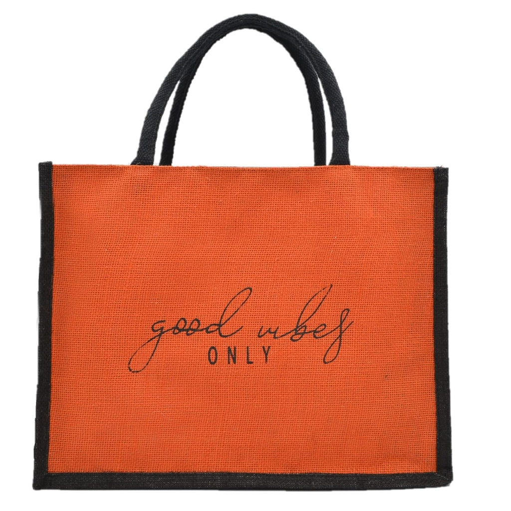 Srgaly Unisex-Adult Orange and Black,Quote Printed Jute Bag for Lunch, Office, Grocery, Picnic, Tiffin, Shopping Hand Bag with Padded Cotton Handles - Pack of 2