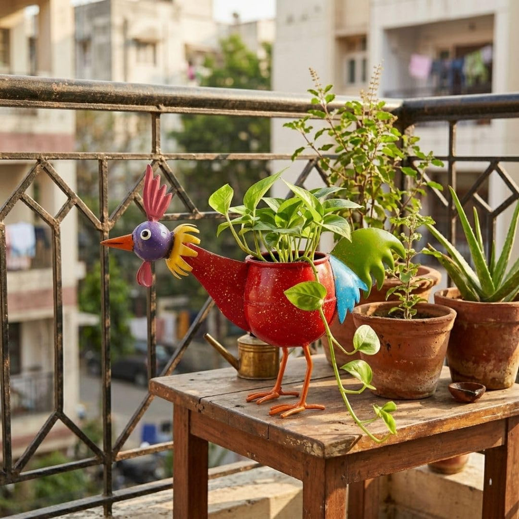 ATRANGI STUDIO Rooster Shape Handpainted Metal Planter | Decorative Bird Shape Pot for Indoor Outdoor Plants | Perfect for Succulent | Home, Balcony, Garden Decor | 10 × 12 × 3.5 inches (Multicolour)
